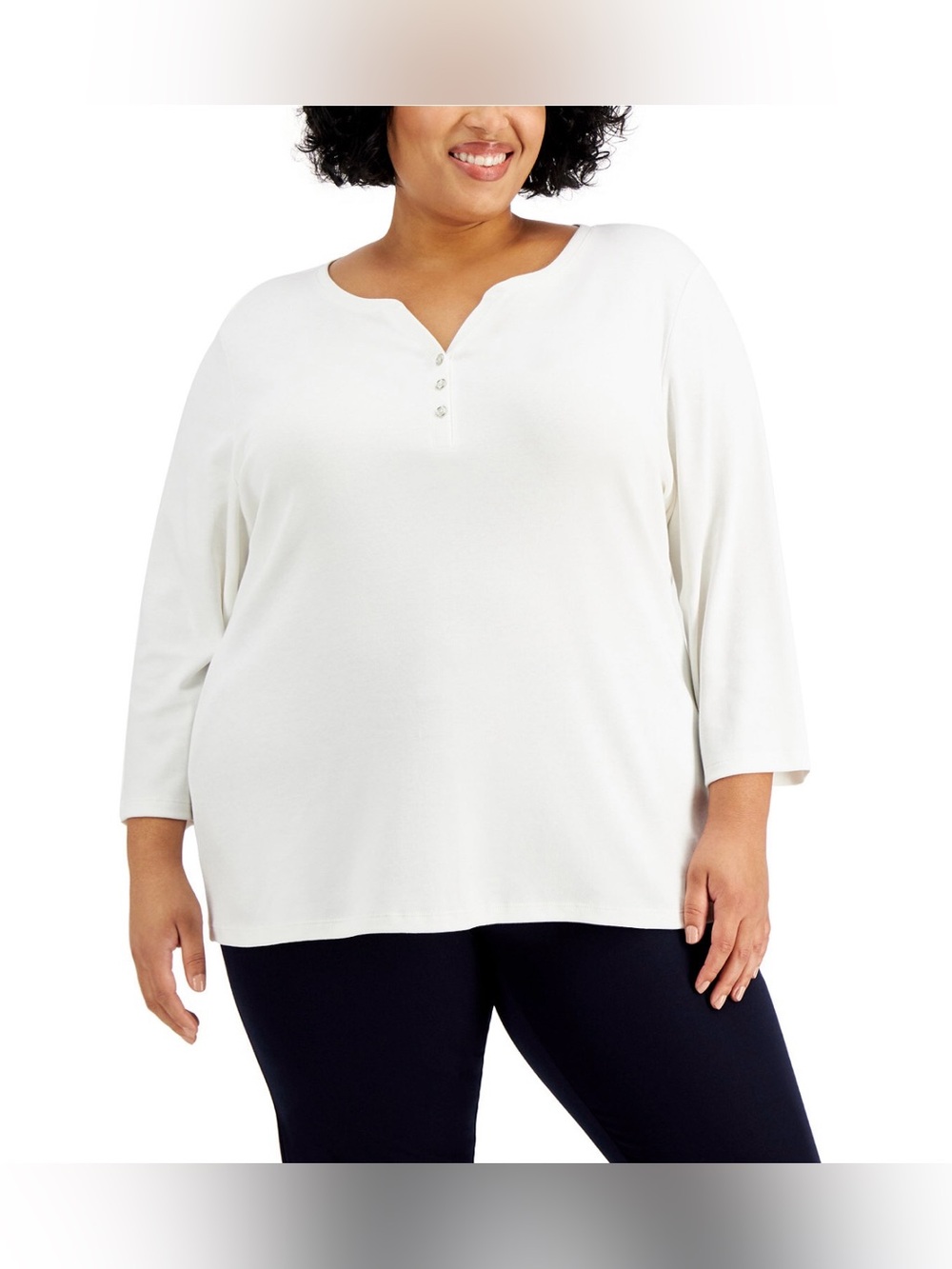 Karen Scott White Notch-Neck Henley 3/4 Sleeve Top, Plus Size 2X, NWT